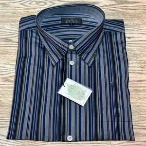 Enro Men’s Dress Regular Size L, 100% Cotton Blue Gray Striped Long Sleeve Shirt